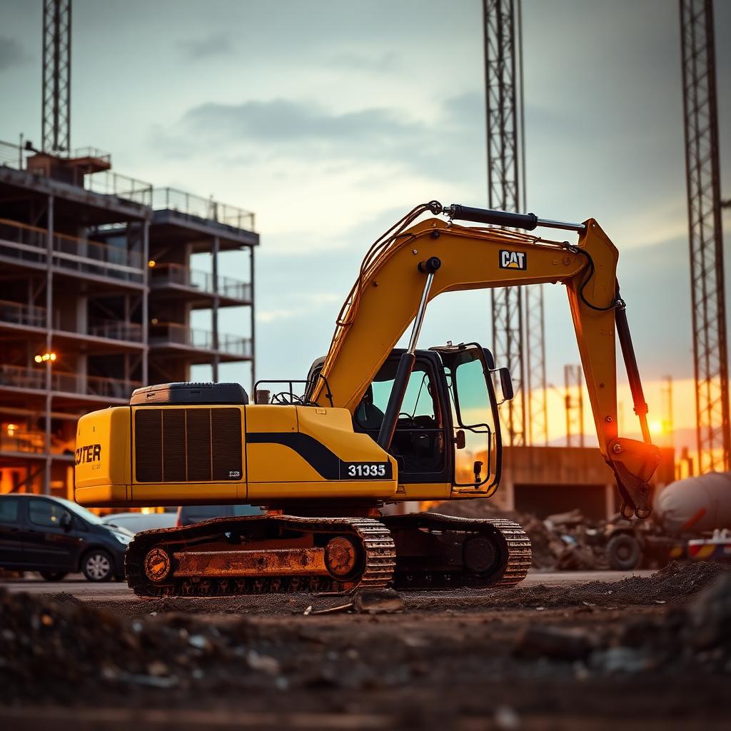 Mid-size yellow excavator on a European construction site at sunset