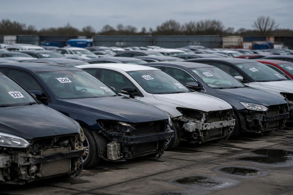 Rows of damaged cars with lot numbers in a UK salvage auction compound